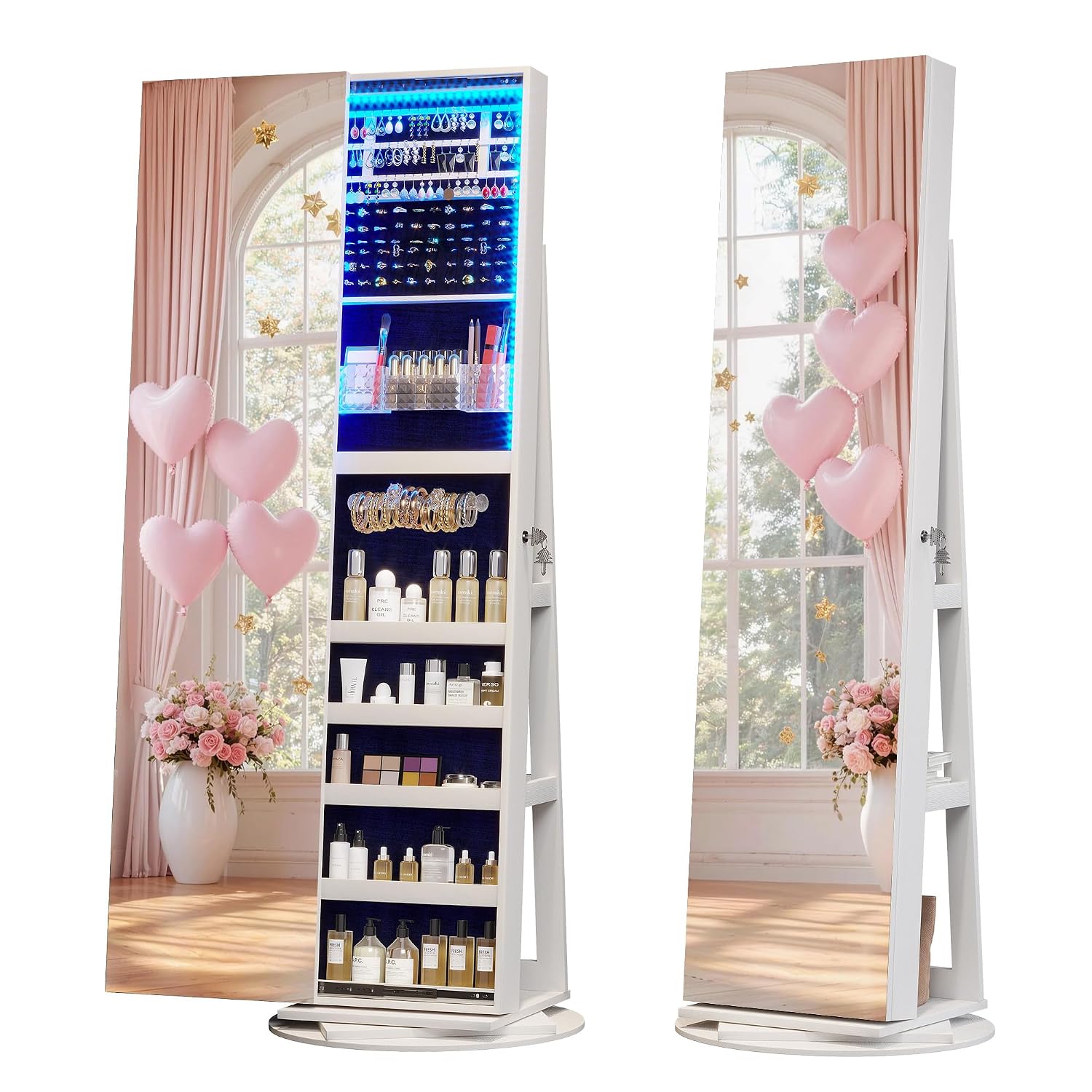Full Length Mirror Jewelry Armoire - 360° Swivel Jewelry Mirror Cabinet with